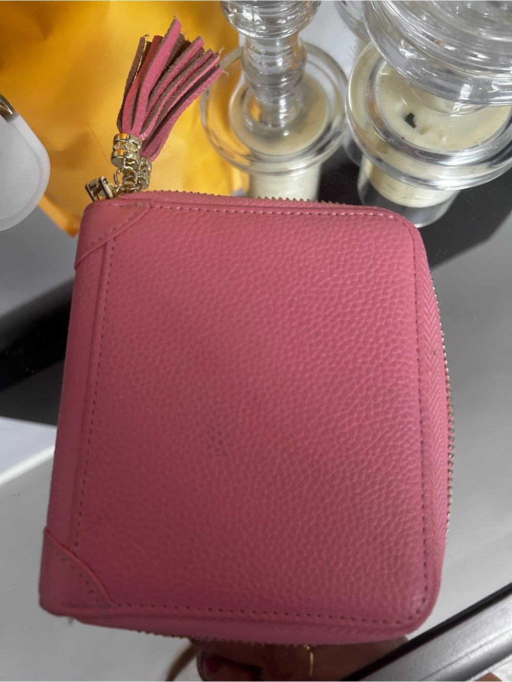 Compact Pink Leather Zip Wallet with Tassel Accent
